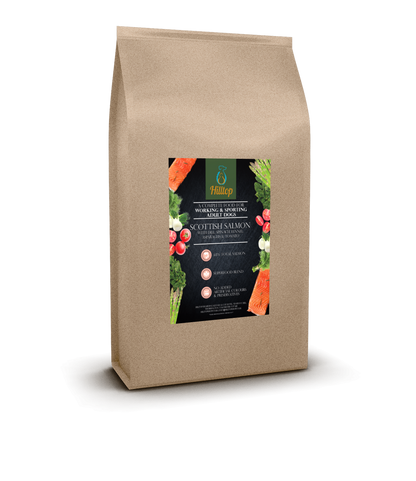 Brown paper bag of Hilltop Superfood 65 Adult Dog Food: Scottish Salmon with veggies & label details by Hilltop Pet Food.
