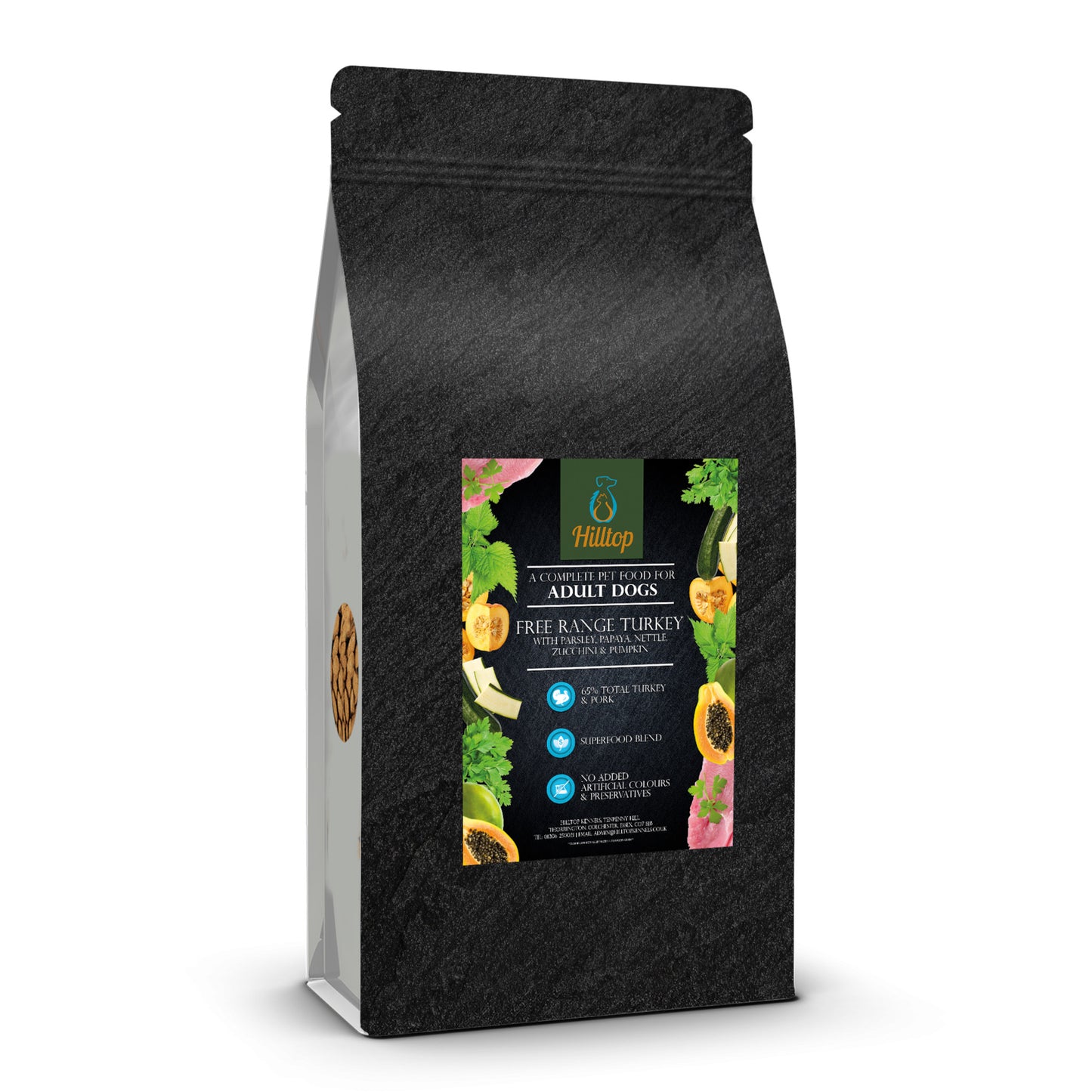 Black bag of Hilltop Superfood 65 dog food with turkey, pork, parsley, papaya, nettle, zucchini & pumpkin.