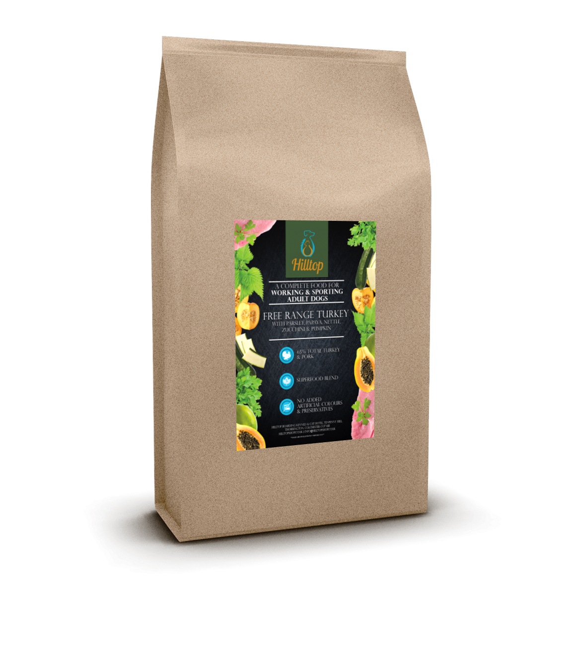 A brown bag of Hilltop Superfood 65 Adult Dog Food with turkey, pork, and superfoods on a black label.