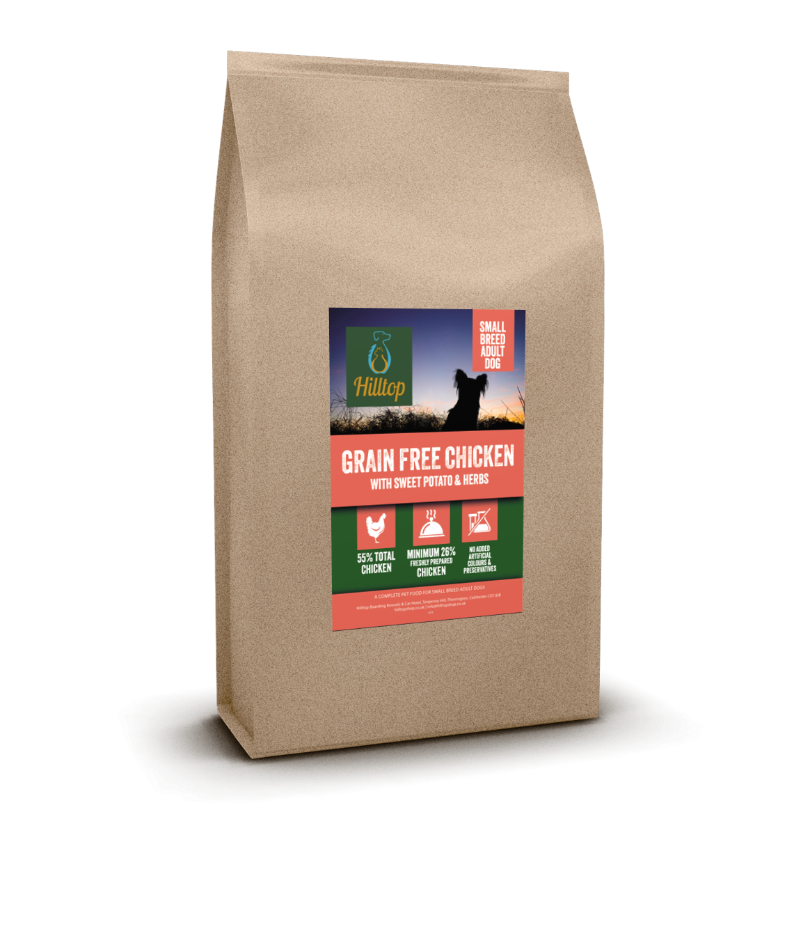 A brown bag of Hilltop Grain Free Adult Dog Food for small breeds, Chicken flavor, with sweet potato & herbs.
