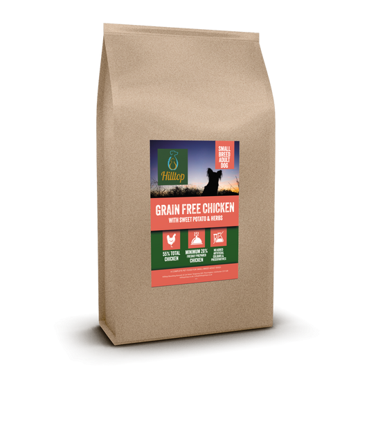 A brown bag of Hilltop Grain Free Adult Dog Food for small breeds, Chicken flavor, with sweet potato & herbs.