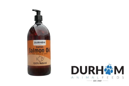 A 1L Hilltop Pet Food Scottish Salmon Oil for pets, rich in Omega 3, with the Durham Animal Feeds logo beside it.