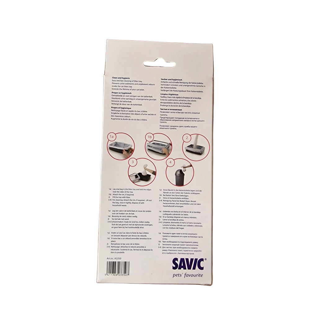Savic Bag it Up litter tray bags in a medium size, back of pack shown in its original retail packaging against a solid white background.
