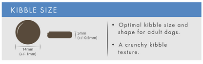 Diagram of Hilltop Grain Free Adult Dog Food kibble (14x5mm), optimal size and crunchy for adult dogs.
