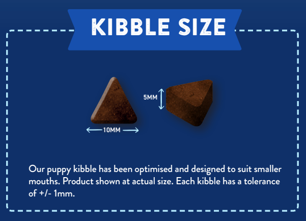 Two triangular brown Hilltop Superfood 65 kibbles, 10mm wide and 5mm thick, shown at actual size with measurements.