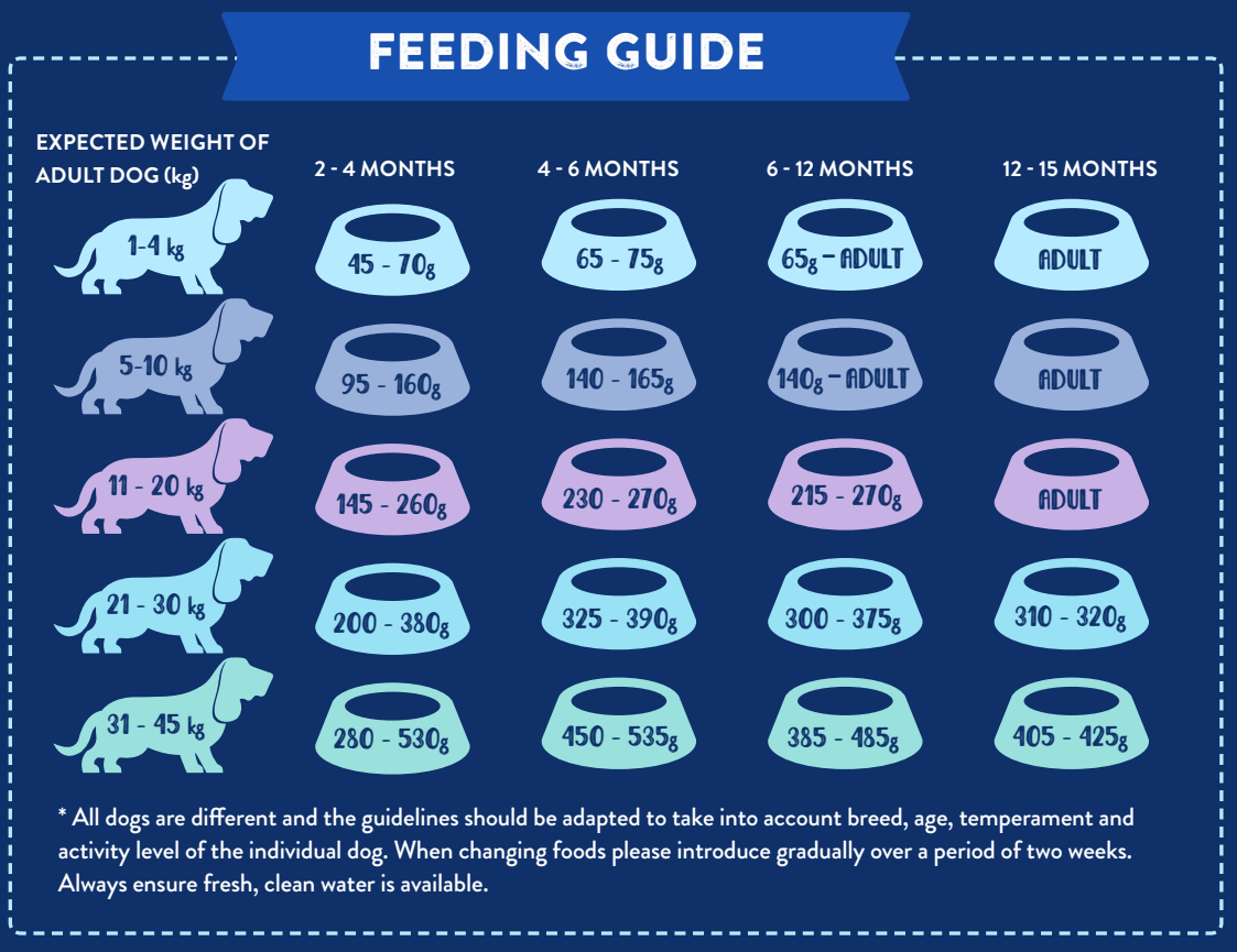 Puppy feeding chart by age, featuring Hilltop Pet Food Superfood 65 Scottish Salmon with veggies for puppies.