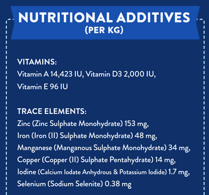 Hilltop Superfood 65 Angus Beef lists nutritional additives per kg, incl. vitamins, zinc & iron for adult dogs.