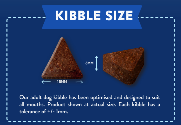Two triangular kibbles of Hilltop Superfood 65 Adult Dog Food, 15mm wide, 6mm thick, on blue background with text.