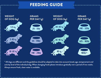 Hilltop Pet Food feeding guide for Superfood 65 British Free Range Chicken, daily grams by weight with four dog icons.