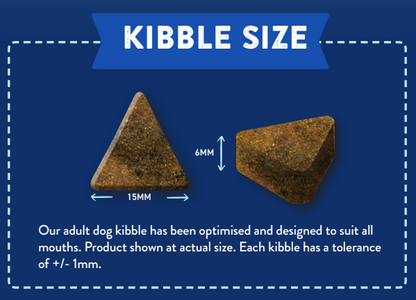 Hilltop Pet Food Superfood 65 Lamb kibble, triangle-shaped, 15x6mm, shown on blue background with text.