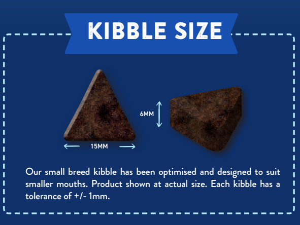 Two triangular Hilltop Pet Food kibbles, 15mm wide x 6mm thick, actual size, on a blue background.