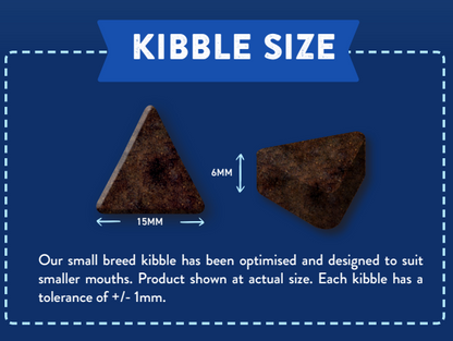 Two triangular Hilltop Pet Food kibbles, 15mm wide x 6mm thick, actual size, on a blue background.