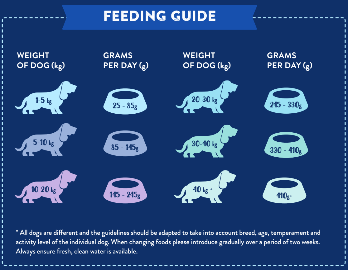 Hilltop Pet Food feeding guide: daily amounts (kg/g) for Superfood 65 Italian Buffalo Adult Dog Food.