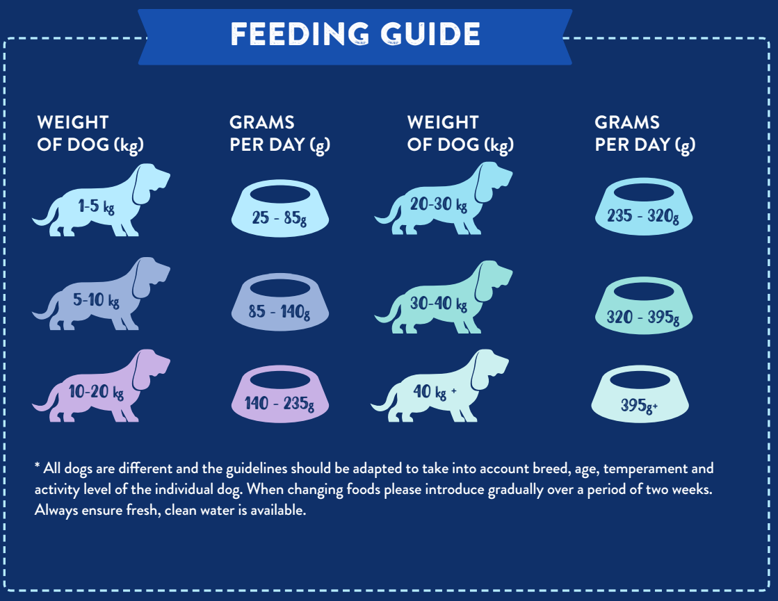 Hilltop Pet Food bowl guide shows daily grams by weight for Superfood 65 Adult Dog Food – Scottish Salmon recipe.