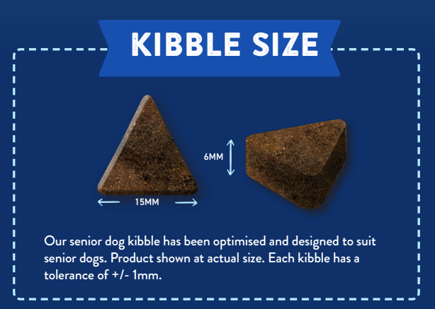 Two triangular brown kibbles, 15mm x 6mm, on blue with Hilltop Pet Food Scottish Salmon Senior/Light text.
