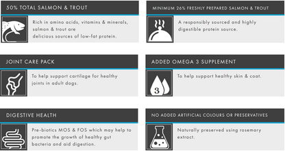 Six boxes highlight Hilltop Grain Free Large Breed’s benefits: salmon, trout, omega-3, joint care, and grain-free.