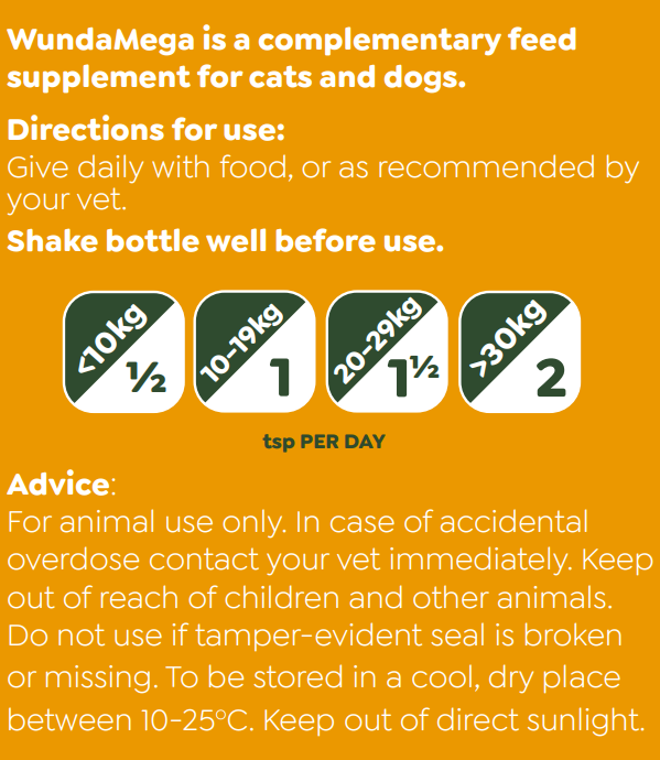 WundaMega Vet Strength Omega-3 dosage chart for cats/dogs by weight, with instructions and warnings by Hilltop Pet Food.