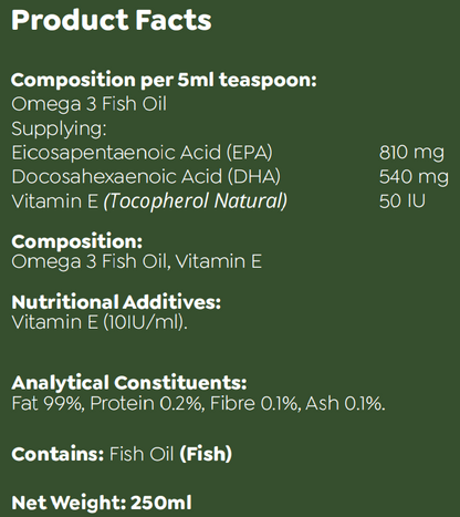 Label with facts for Hilltop Pet Food WundaMega Vet Strength Omega-3: ingredients, nutrients, additives, 250ml.