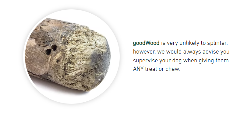 A close-up of the Hilltop Pet Food goodWood Coffee Wood Chewable Stick for Dogs with a dog treat supervision warning.