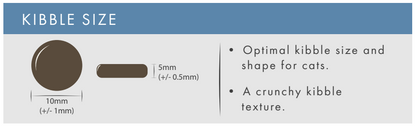 Diagram of Hilltop Grain Free Turkey Cat Food kibble, 10mm x 5mm, showing optimal size, shape & crunchy texture.