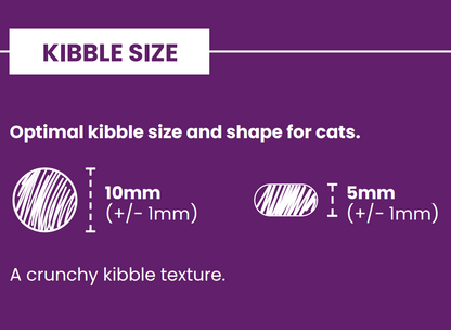 Diagram showing optimal kibble sizes for Hilltop Connoisseur Sterilised Cat Food: 10mm round, 5mm oval, ±1mm, on purple.