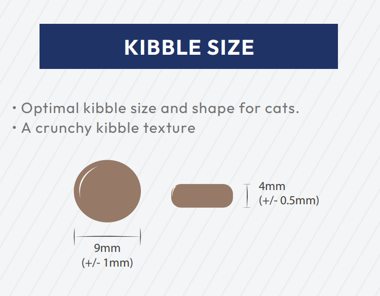 Diagram showing Hilltop Super Premium Adult Cat Food kibble: round 9mm, cylindrical 4mm, crunchy, with measurement labels.
