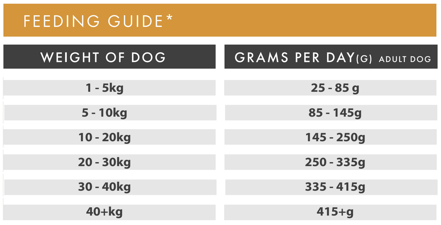 Hilltop Grain Free Turkey Dog Food feeding guide: daily grams by weight from 1–5kg up to over 40kg.