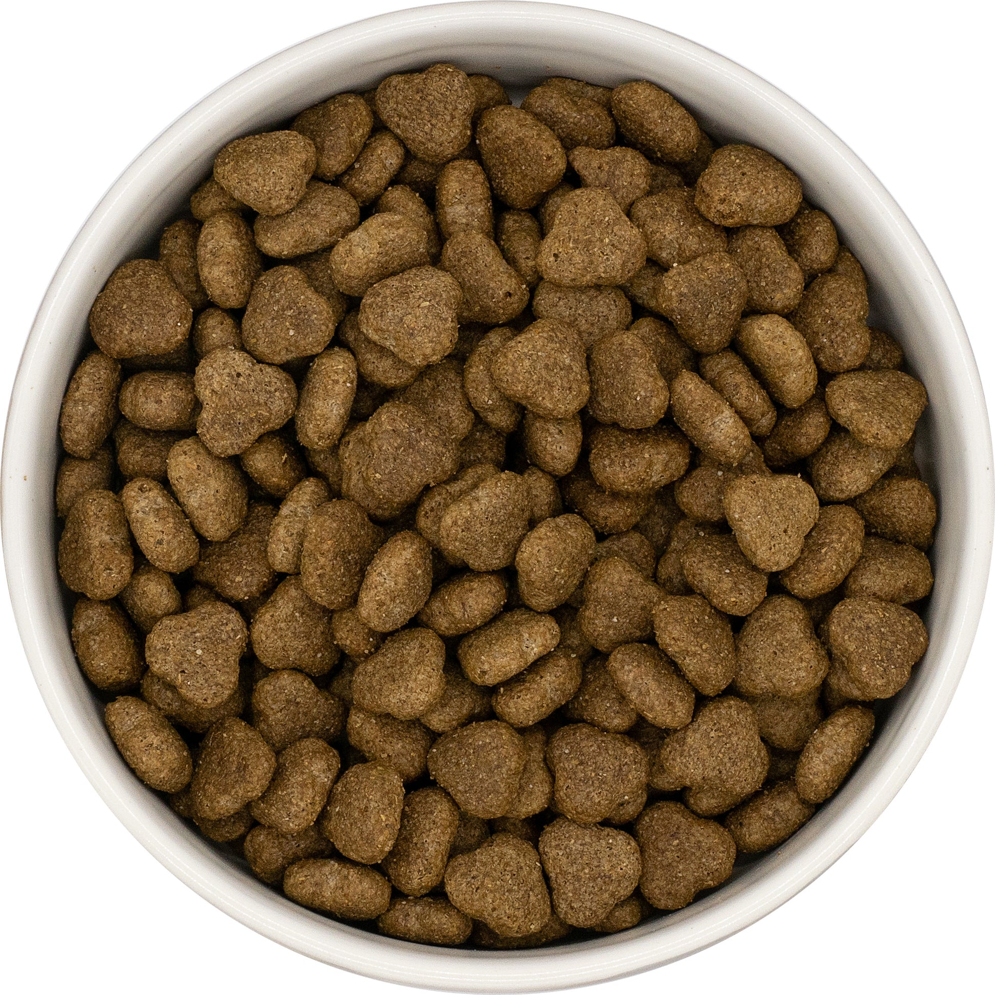 A white bowl filled with Hilltop Super Premium Adult Dog Food - Turkey & Rice kibble, viewed from above.
