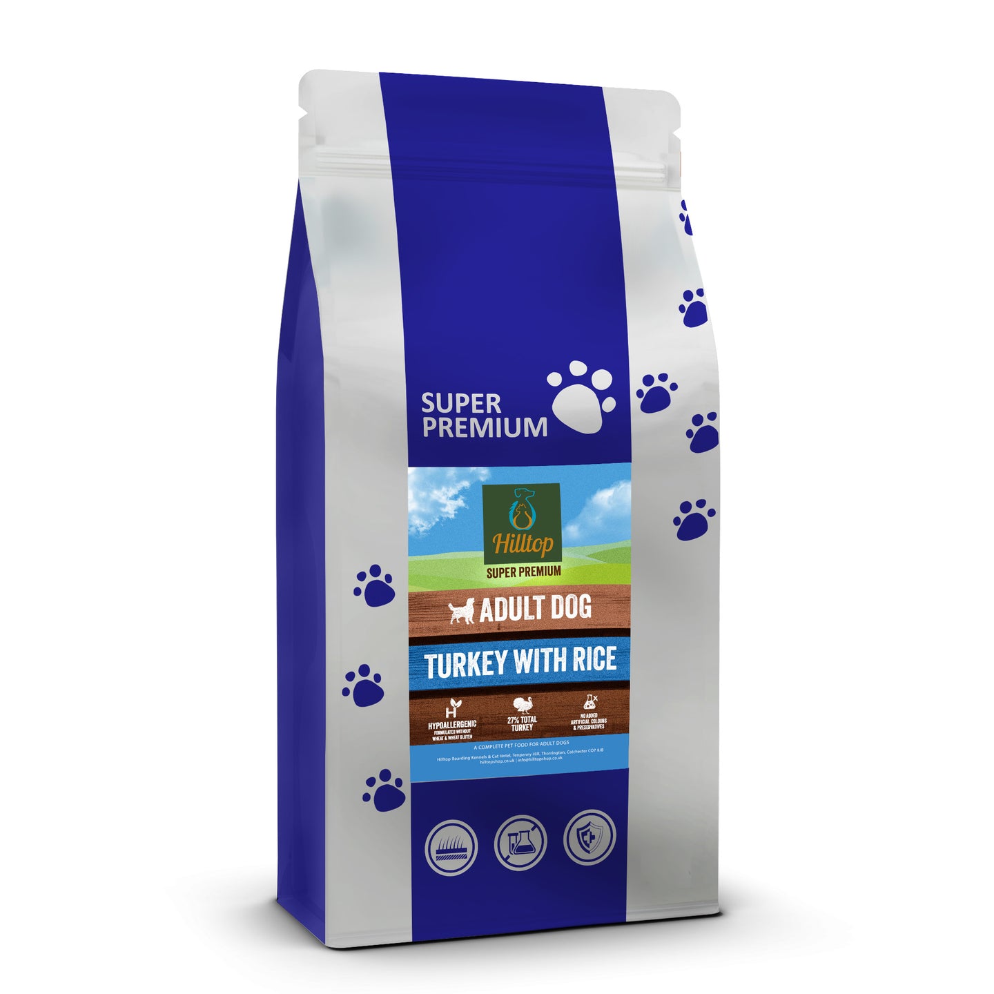 Hilltop Super Premium Adult Dog Food - Turkey & Rice, by Hilltop Pet Food, supports digestive health for adult dogs.
