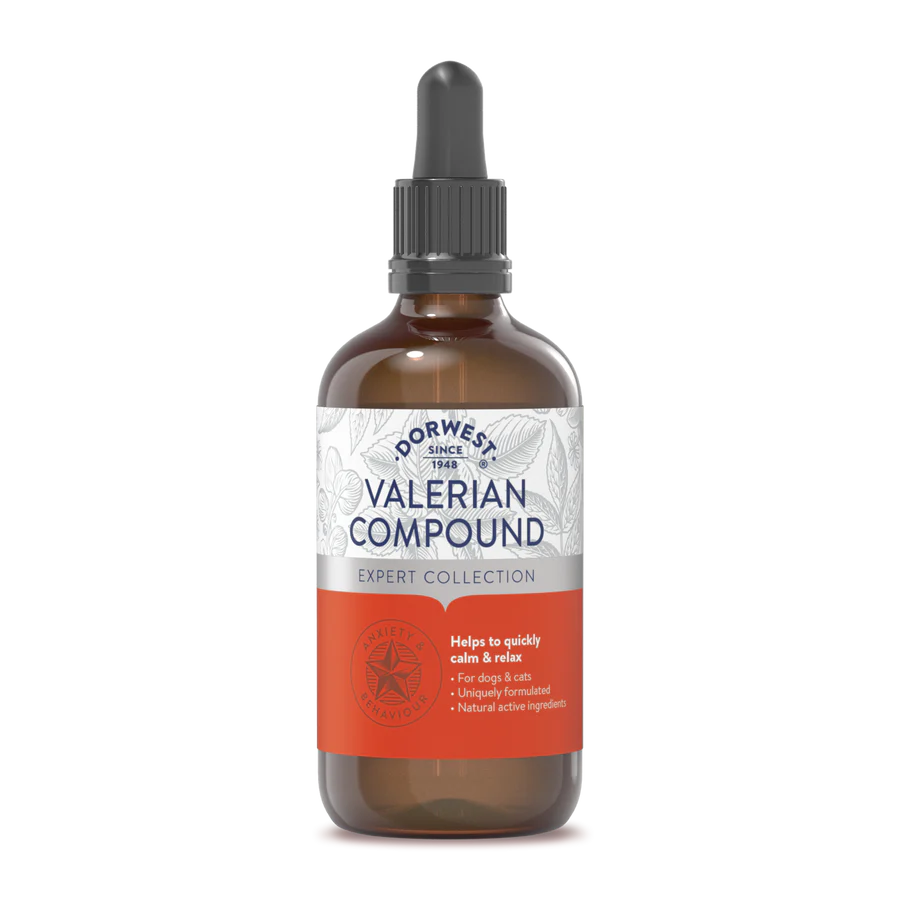 A brown glass dropper bottle of Hilltop Pet Food Dorwest Valerian Compound, natural calming drops for dogs and cats.