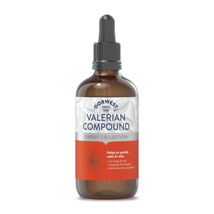 A brown glass dropper bottle of Hilltop Pet Food Dorwest Valerian Compound, natural calming drops for dogs and cats.