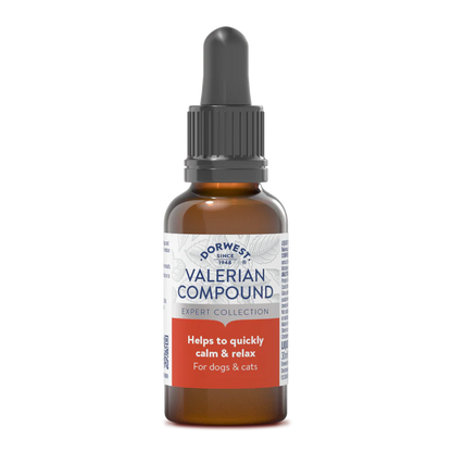 Hilltop Pet Food Dorwest Valerian Compound for Dogs and Cats—natural calming drops for pet anxiety relief.