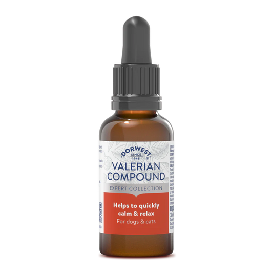 Hilltop Pet Food Dorwest Valerian Compound for Dogs and Cats—natural calming drops for pet anxiety relief.