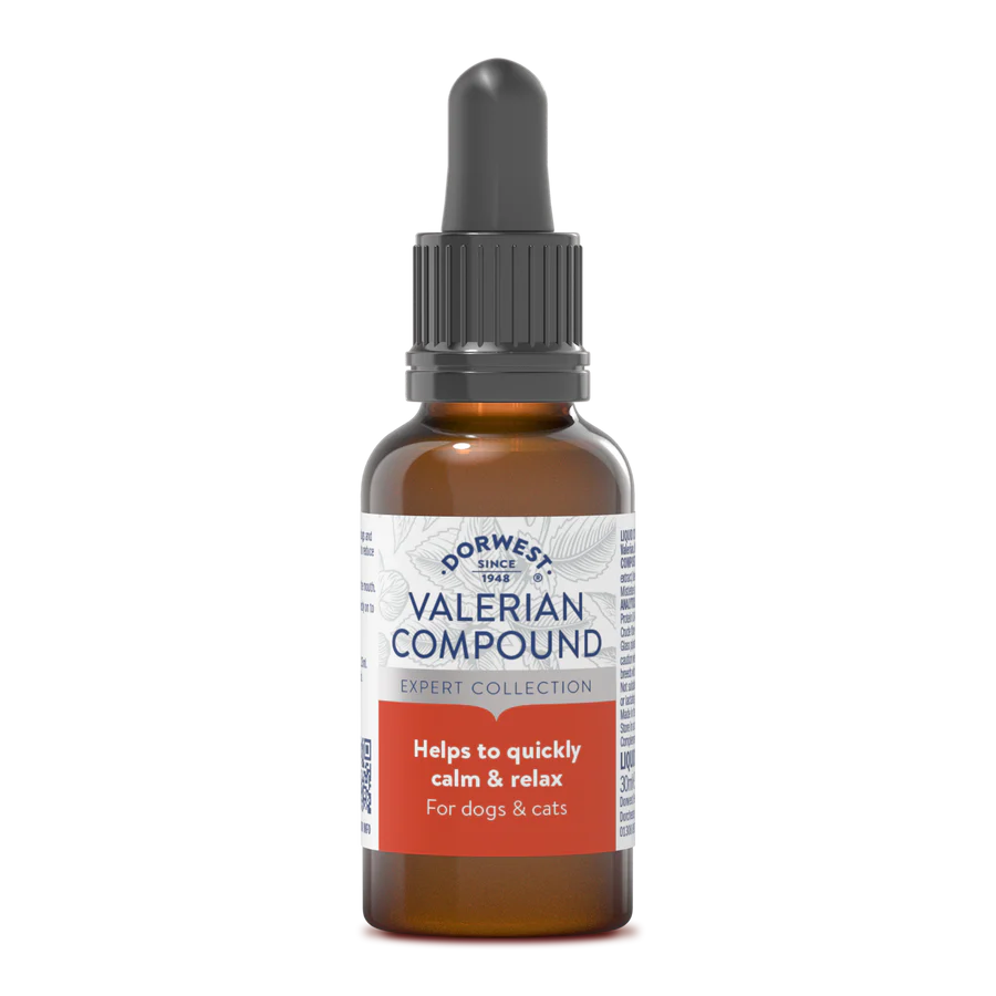 Hilltop Pet Food Dorwest Valerian Compound for Dogs and Cats—natural calming drops for pet anxiety relief.