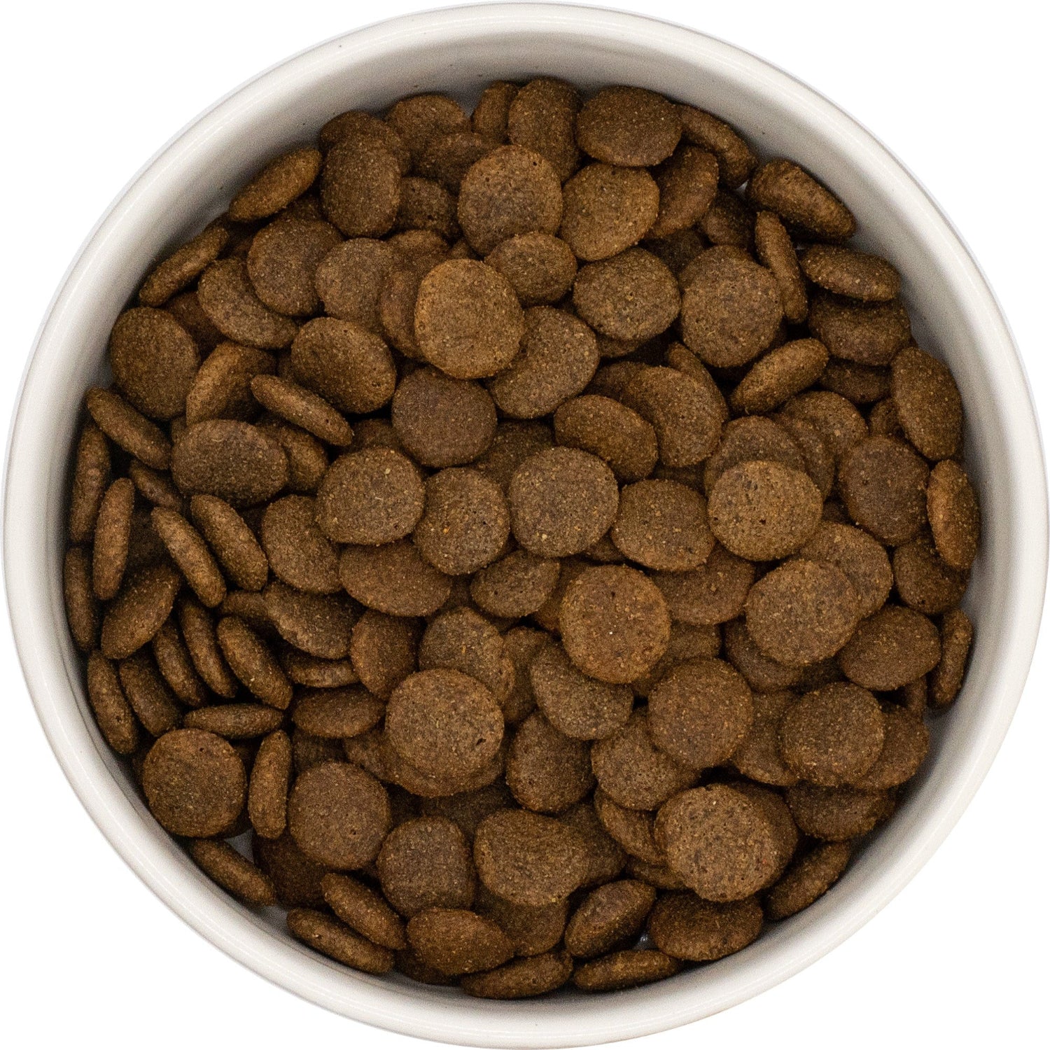 White bowl filled with Hilltop Grain Free Venison, Sweet Potato and Mulberry dog food on a white background