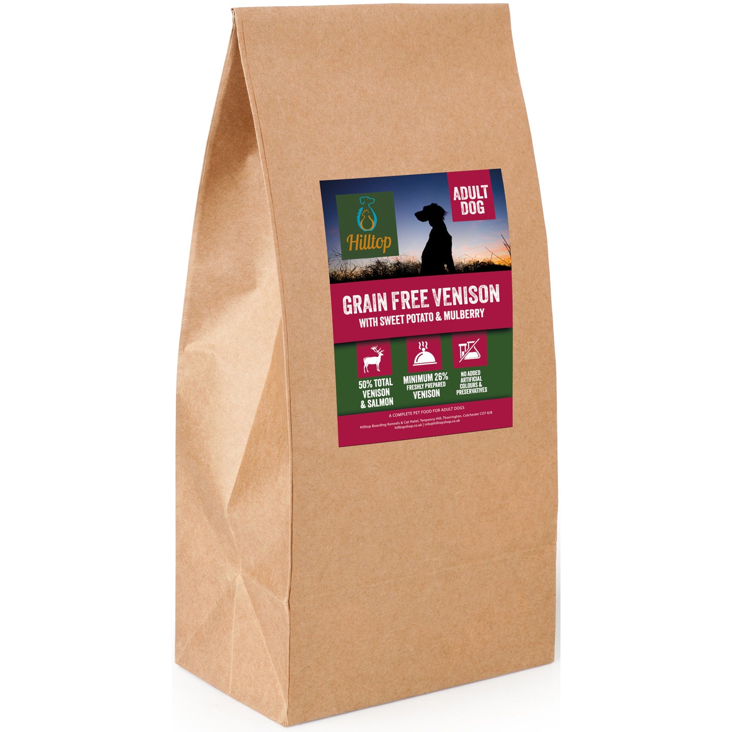 Brown Hilltop Pet Food bag: Grain Free Adult Dog Food with venison, sweet potato & mulberry, showing product label.