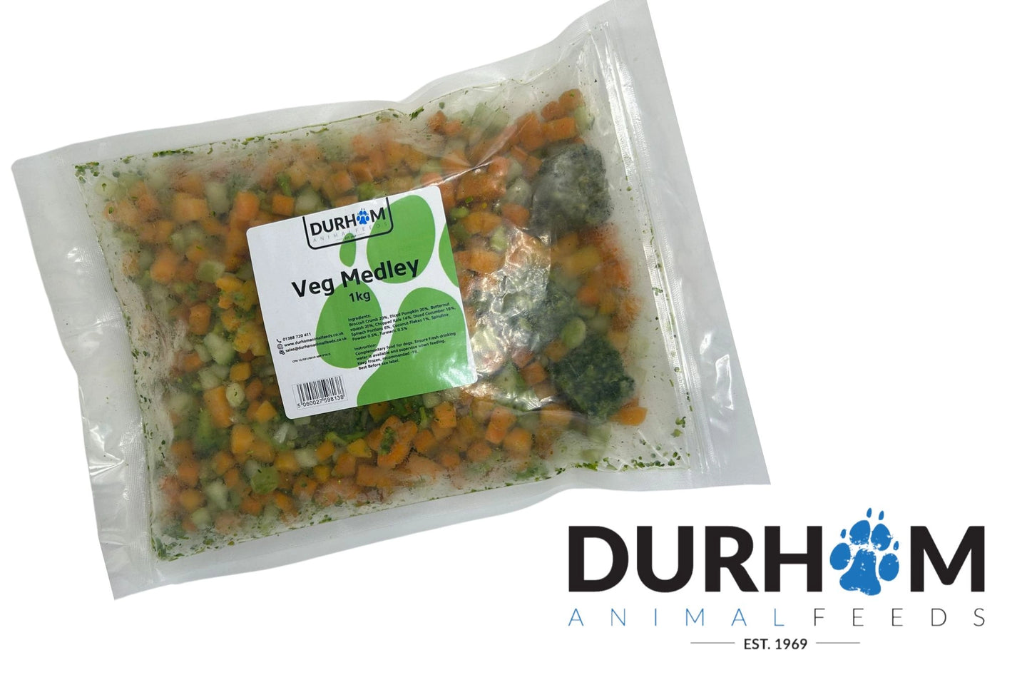 A sealed 1kg bag of Hilltop Pet Food Durham Free Flow Vegetable Medley next to the paw print company logo.