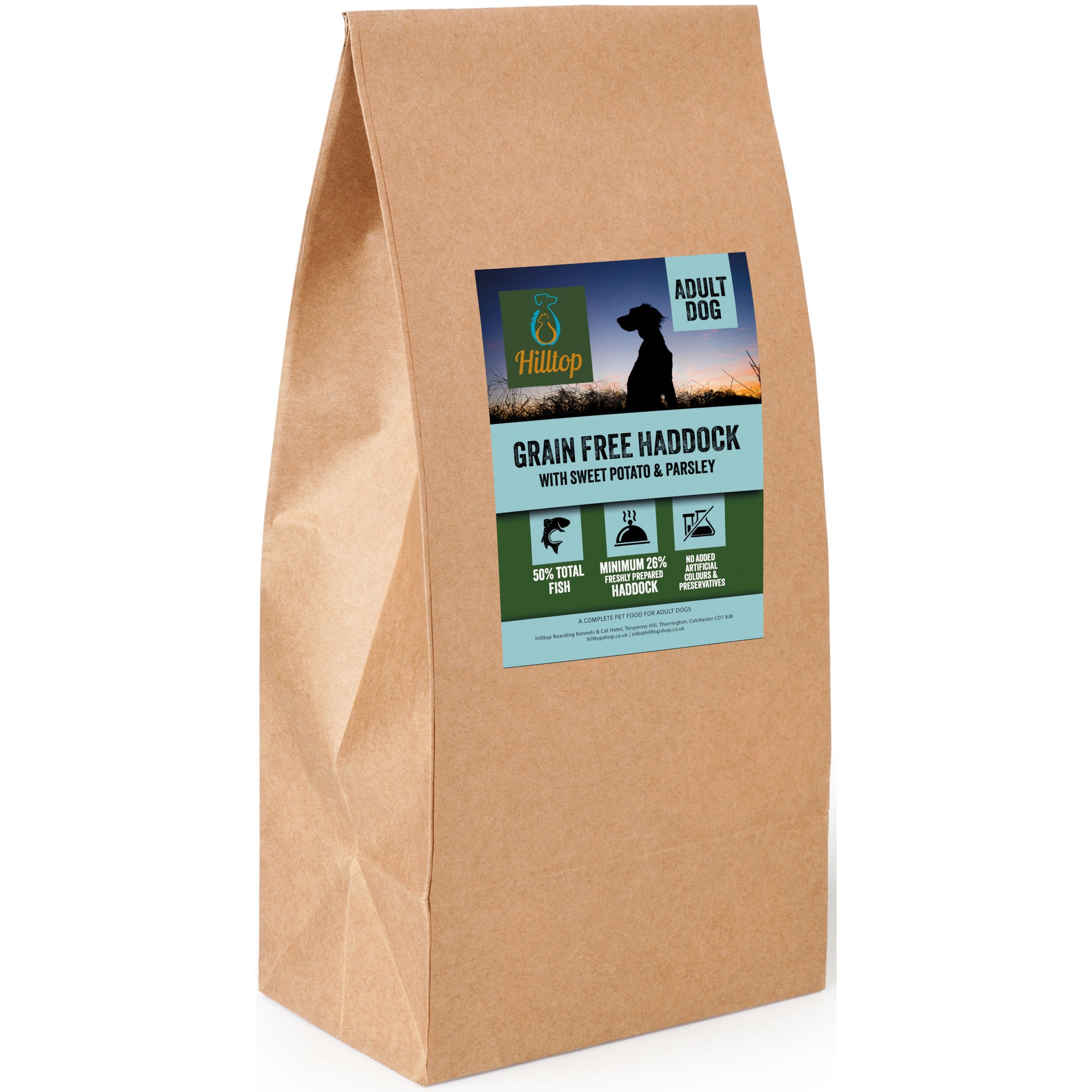 Hilltop Grain Free Adult Dog Food with haddock, sweet potato & parsley—high in omega 3 for your dog.
