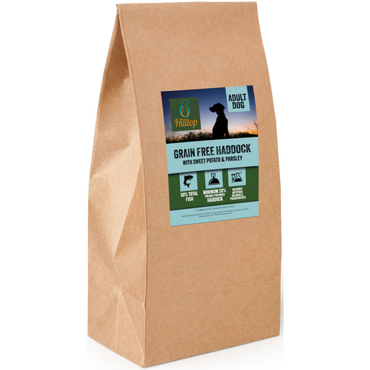 Hilltop Grain Free Adult Dog Food with haddock, sweet potato & parsley—high in omega 3 for your dog.