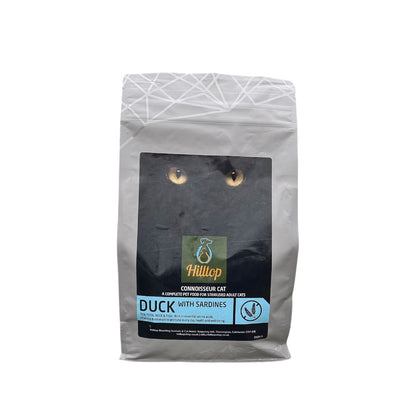 Hilltop Connoisseur Adult Cat Food - Duck & Sardine by Hilltop Pet Food, features high protein and a cat eyes design.