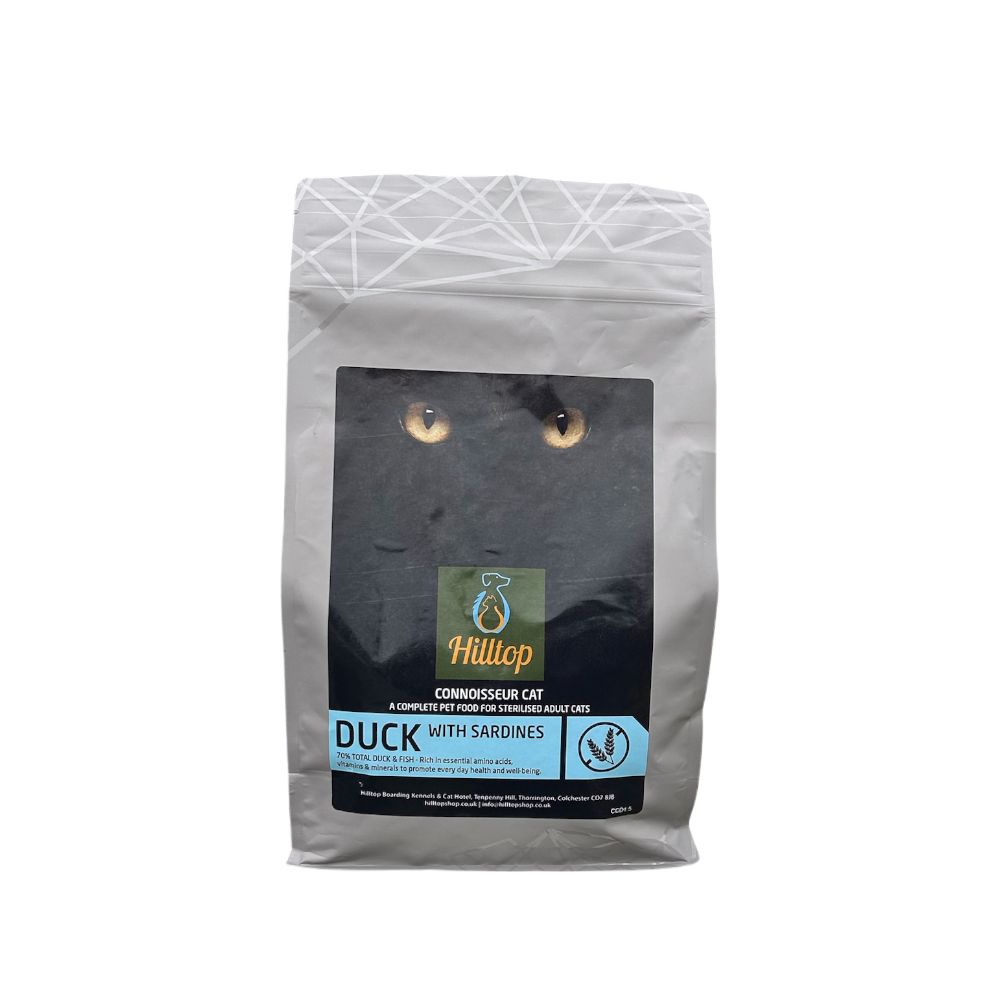 Hilltop Connoisseur Adult Cat Food - Duck & Sardine by Hilltop Pet Food, features high protein and a cat eyes design.