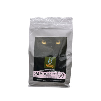 A bag of Hilltop Pet Food Connoisseur Cat Food Sterilised Adult - Salmon with White Fish featuring a cat’s eyes label.