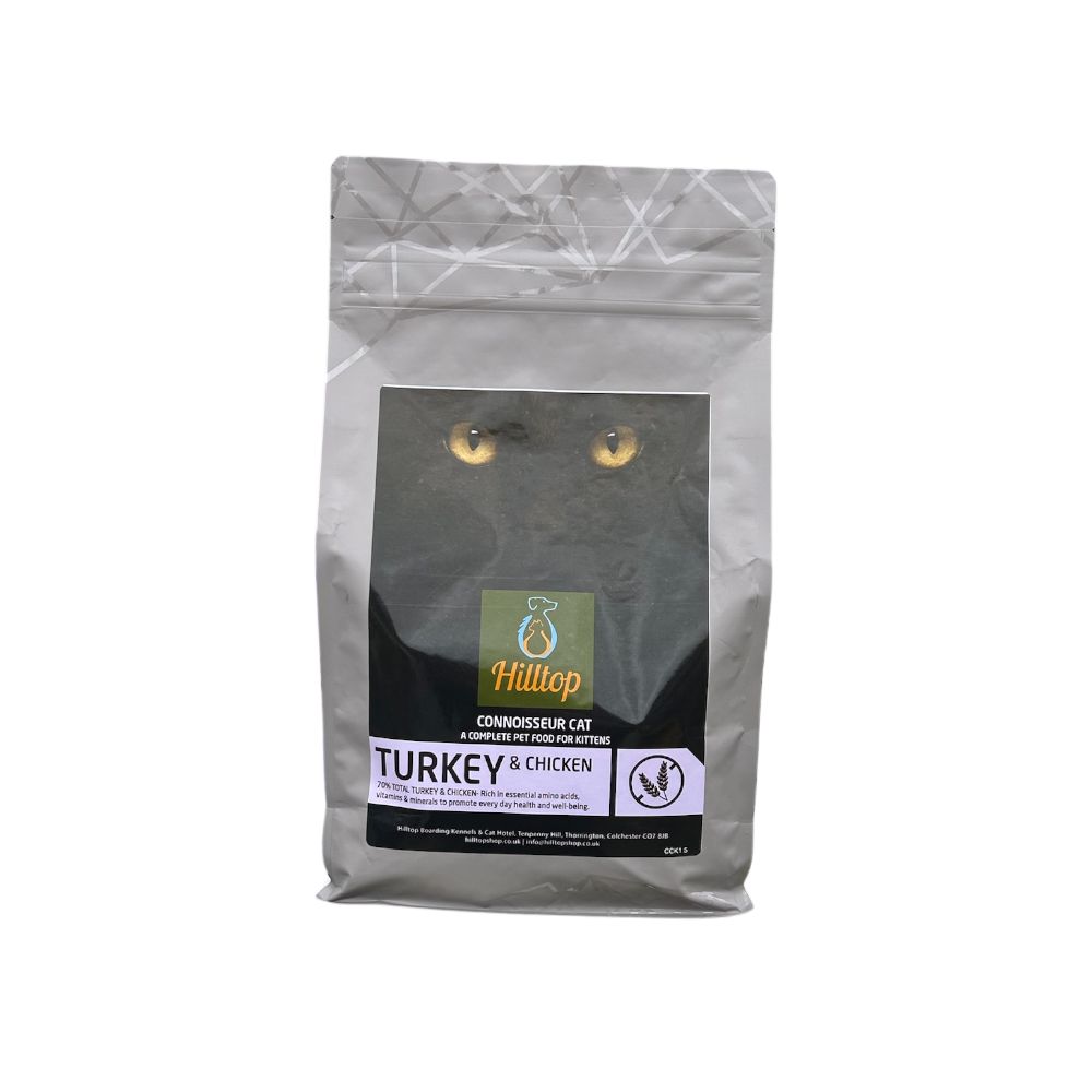 A gray Hilltop Pet Food Connoisseur Cat Food Adult - Turkey & Chicken bag featuring a cats eyes on the front.
