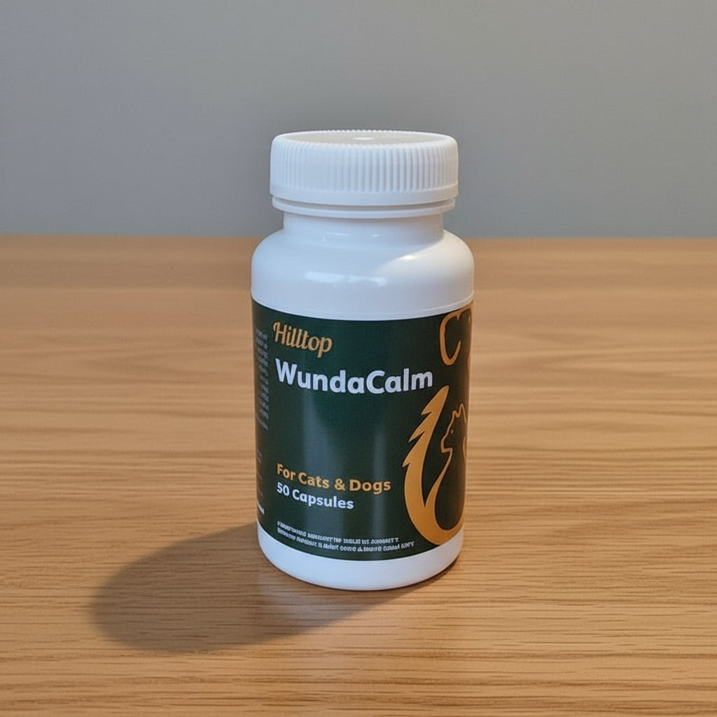 Plastic container of WundaCalm 50 x capsules on a wooden surface