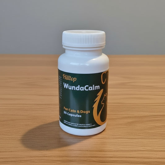 Plastic container of WundaCalm 50 x capsules on a wooden surface