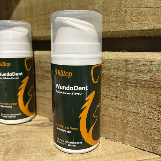 A tube of Hilltop Pet Food WundaDent No-brush Enzymatic Toothpaste for Dogs and Cats on a wooden surface.