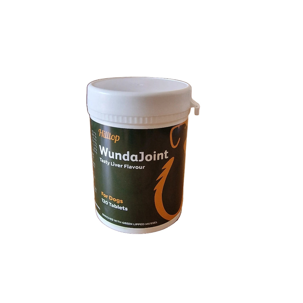 A white plastic tub of Hilltop WundaJoint Daily Liver Flavour tablets for dogs, on a plain white background.