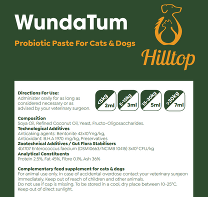 Label for Hilltop Pet Food WundaTum: rapid probiotic digestive care for cats/dogs, with dosage icons and directions.