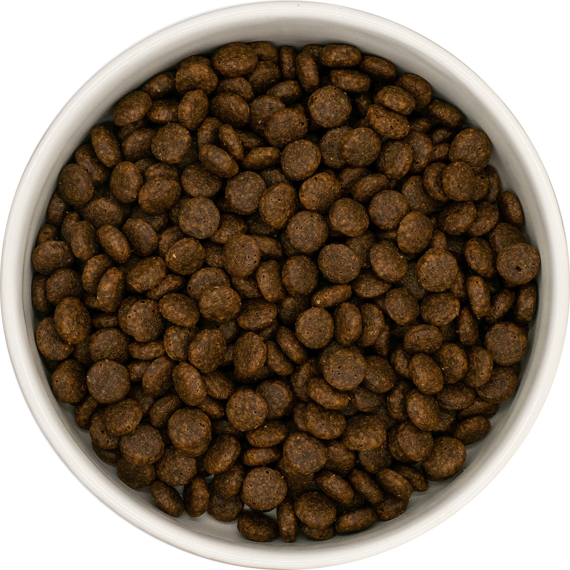 A white bowl of Hilltop Grain Free Adult Cat Food—Fresh Turkey & Sweet Potato kibble, viewed from above.