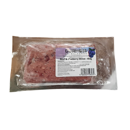 A 454g frozen Hilltop Pet Food Durham Beef & Blueberry Complete Mince with label and barcode visible.